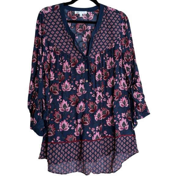 Dr2 Top Blouse Women Large Blue Pink Floral Boho Peasant Prairie Cottagecore - Picture 1 of 11